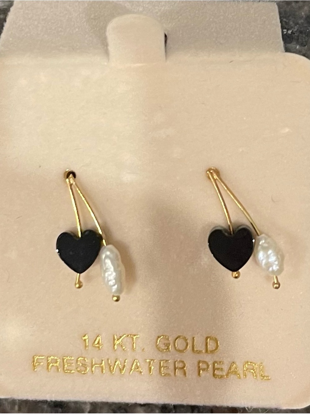 14K gold dangle earrings,black onyx heart and freshwater pearl.